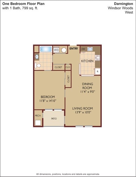 Floor plan for 1 bed, 1 bath, 735 sqft